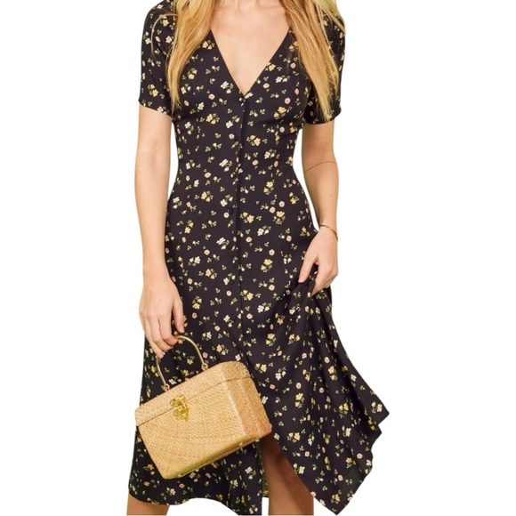 REFORMATION Locklin Midi Dress in Venezia Black Floral Crepe Short Sleeve XS 0 - Picture 1 of 11